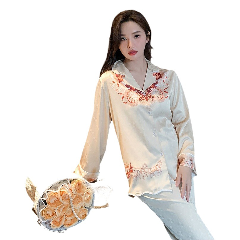 New Ethnic Style Silk Pajamas Women's Spring and Summer Long Sleeve Ice Silk Jacquard Home Clothes suit Outer Wear