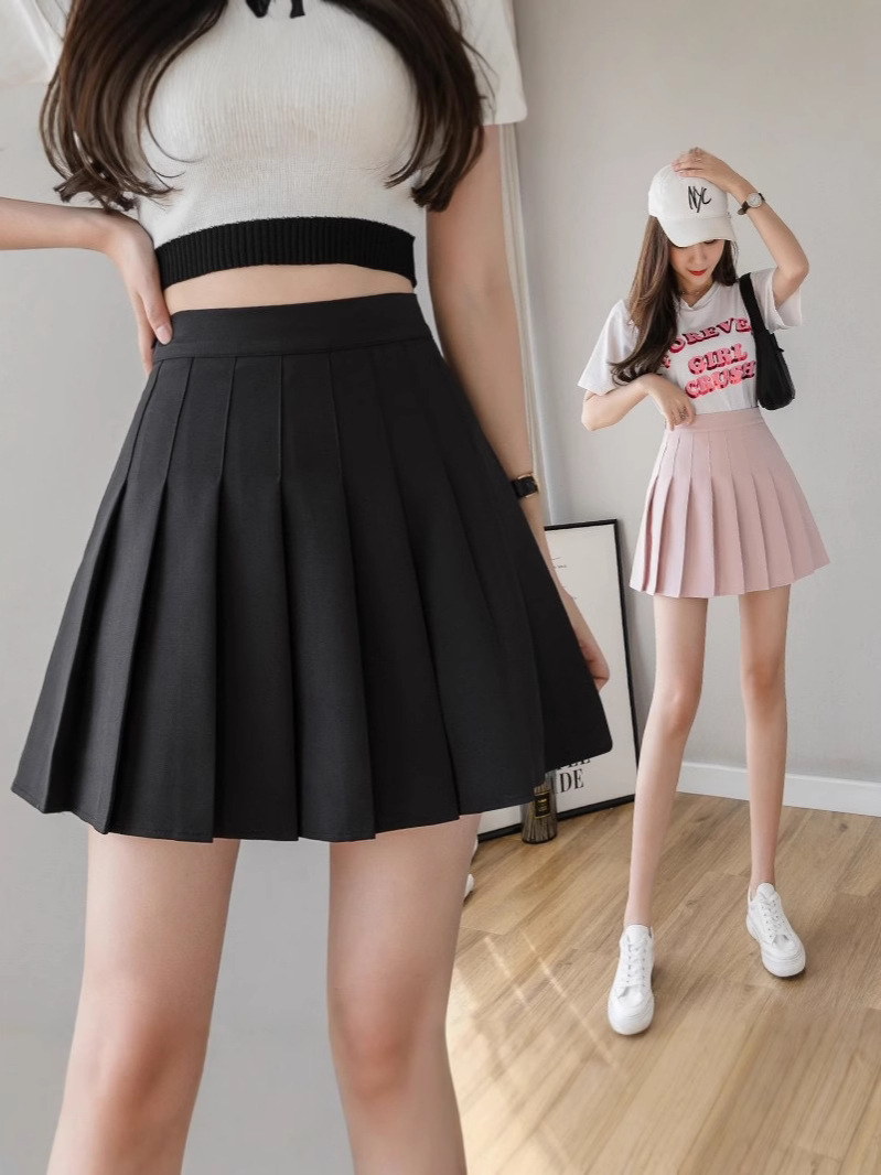 New Spice Girl High Waist Pleated Skirt Short Skirt Women's Autumn Skirt Academic Style Korean Solid Color Plaid Anti-Light Skirt