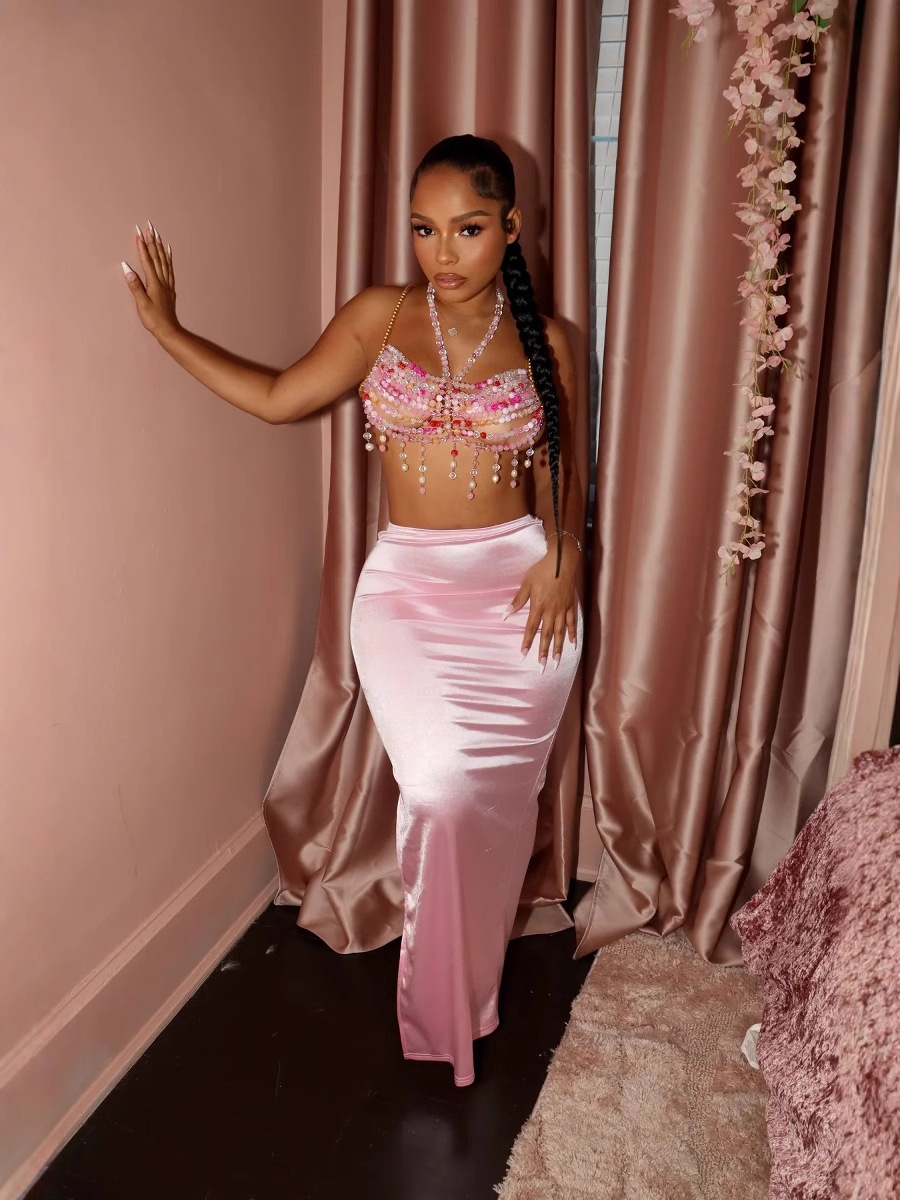 Picture of Europe and the United States cross-border foreign trade women's summer new solid color personality bright light drape satin split slim hip skirt