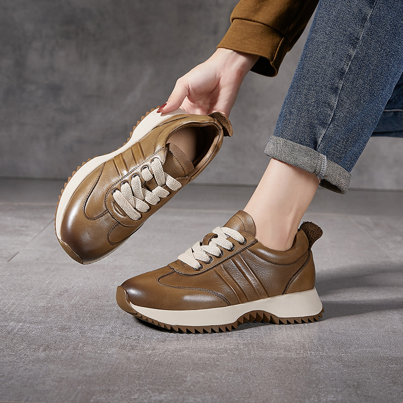 Platinum Disi Autumn and Winter New Maillard Leather Forrest Gump Shoes Women's Thick Sole Non-slip Comfortable Casual Sports Torre Shoes