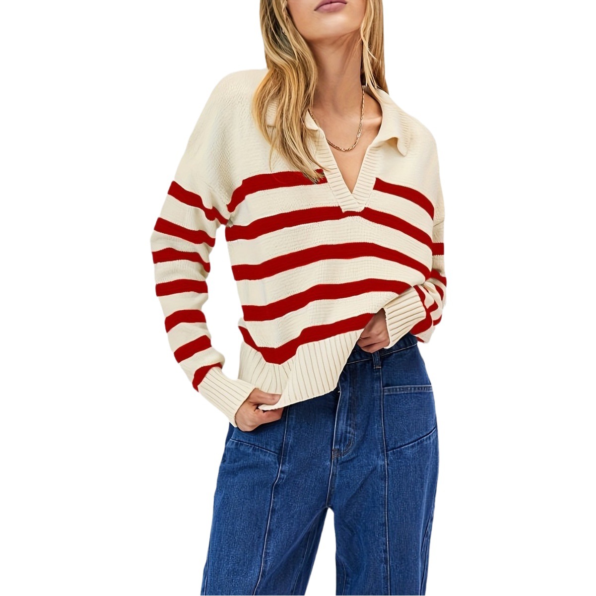 Wana try red vintage lazy striped V-neck sheep wool sweater women's loose all-match lapel sweater autumn