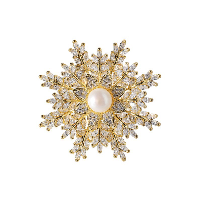 Picture of Qianyu Silver Japanese and Korean classic copper zircon gold-plated Snowflake Brooch pendant sweater chain dual-use live broadcast jewelry supply