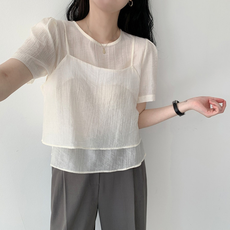 Korean Chic Summer French Gentle Style Round Neck Layered Design Two-Piece Set with Puff Sleeves Textured Chiffon Shirt for Women