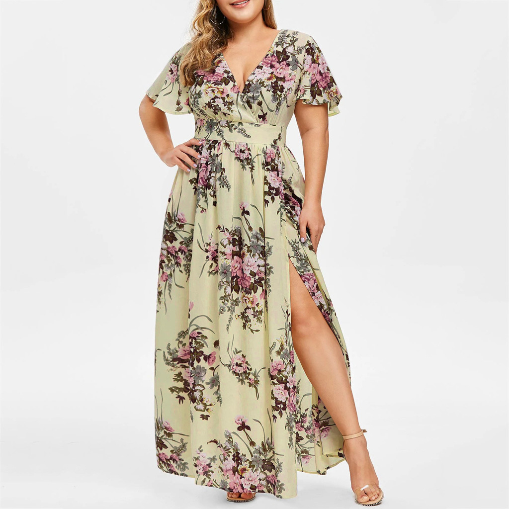 Picture of 2024 European and American Cross-Border Dress Summer New Plus Size Women's Printed Hem Slit Printed Short-Sleeved Dress