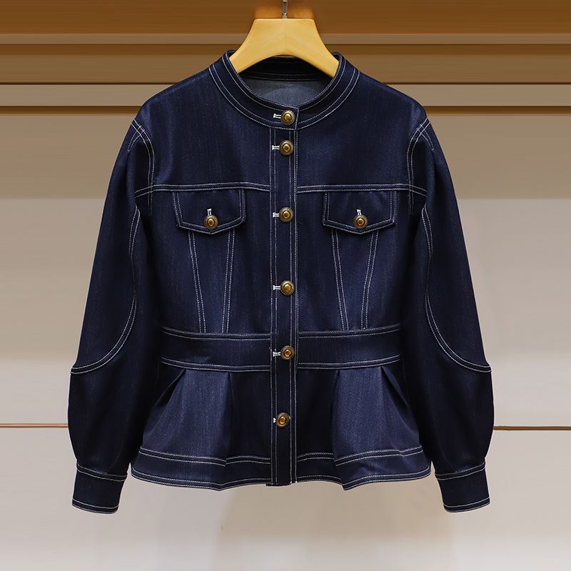 Spot 2023 Autumn New Fashion Round Neck Ruffled Elegant Retro Denim Bubble Long Sleeve Short Coat Women