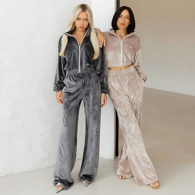Amazon Cross-Border New European and American 2025 Fashion Women's Long-Sleeved Lapel Zipper Cardigan Sweatshirt Fleece Pants