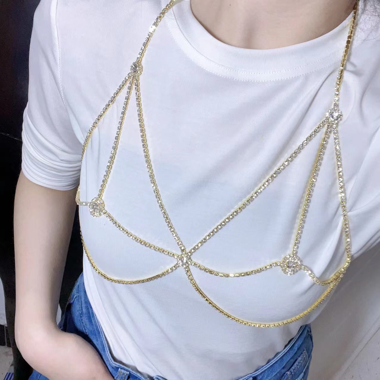 Picture of Fashion New Round Chest Nightclub Style Sexy Rhinestone Body Chain Women Cross-border Chest Chain Body Chain