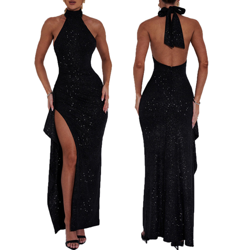 Europe and the United States cross-border Amazon new bag hip skirt socialite style temperament slim sparkling hanging neck split dress summer women