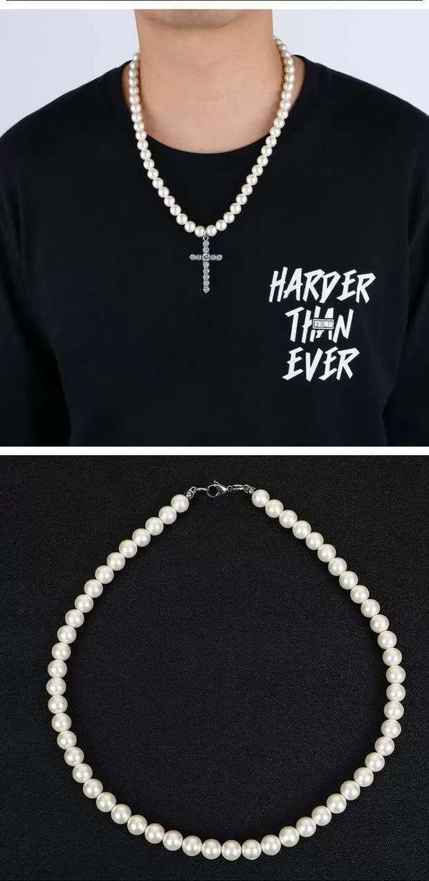 Picture of Japanese and Korean ins cold style pearl necklace men and women trendy cool personality diamond cross pendant couple jewelry manufacturer