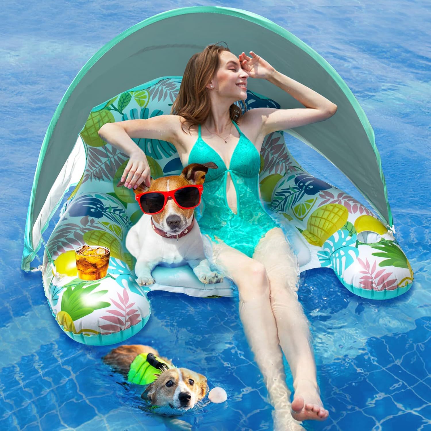 Picture of Inflatable Tanning Pool Spray Water Toy Double Lounge Chair Baby Sunshade Seat Water Slide Adult Floating Lounger