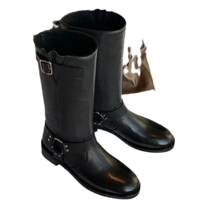 Grape mom's Same Love fan French ~ cool women's vegetable tanned cowhide vintage belt buckle mid-calf Knight boots for women autumn and winter