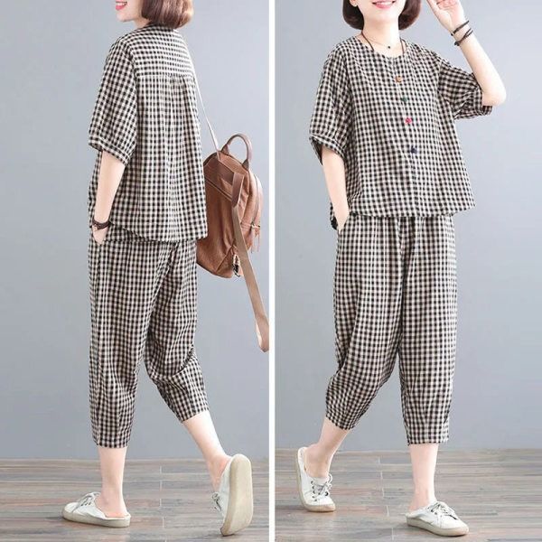 Wholesale 2025 summer plus size retro jacket casual pants plaid suit women's style