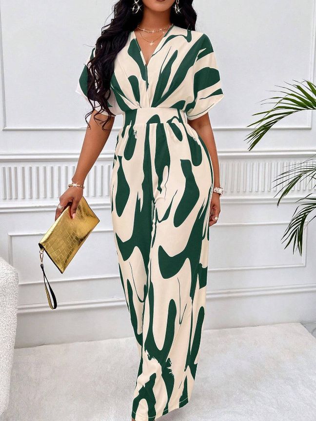 Picture of Cross-border 2024 Amazon AliExpress Europe and the United States spring and summer new short sleeve printed waist jumpsuit fashion wide leg women