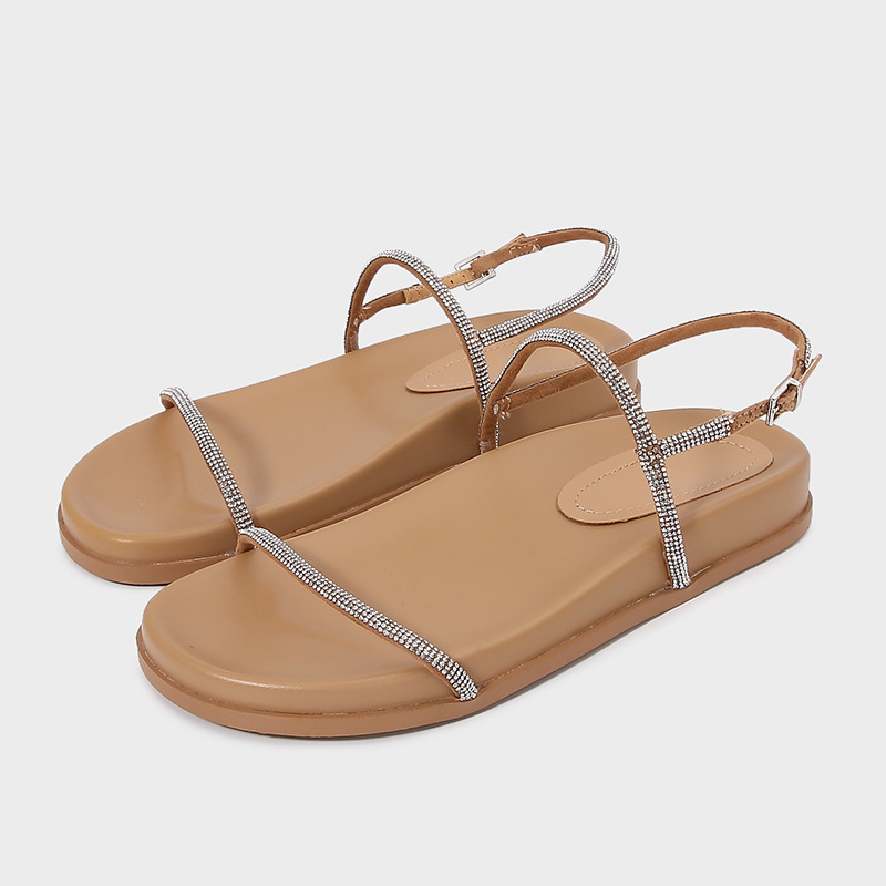 ZA Women's Shoes 2024 Summer New Thin Strap Decorative Rhinestone Flat Fashionable Platform Sandals Women's Buckle Strap Sandals