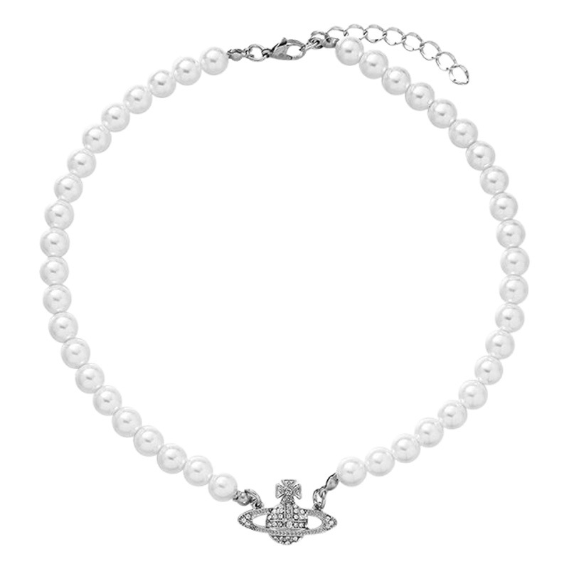 European and American Cross-border Fashion Jewelry Vintage Niche Elegant Empress Dowager Pearl Necklace Diamond Saturn Pendant Neck Chain