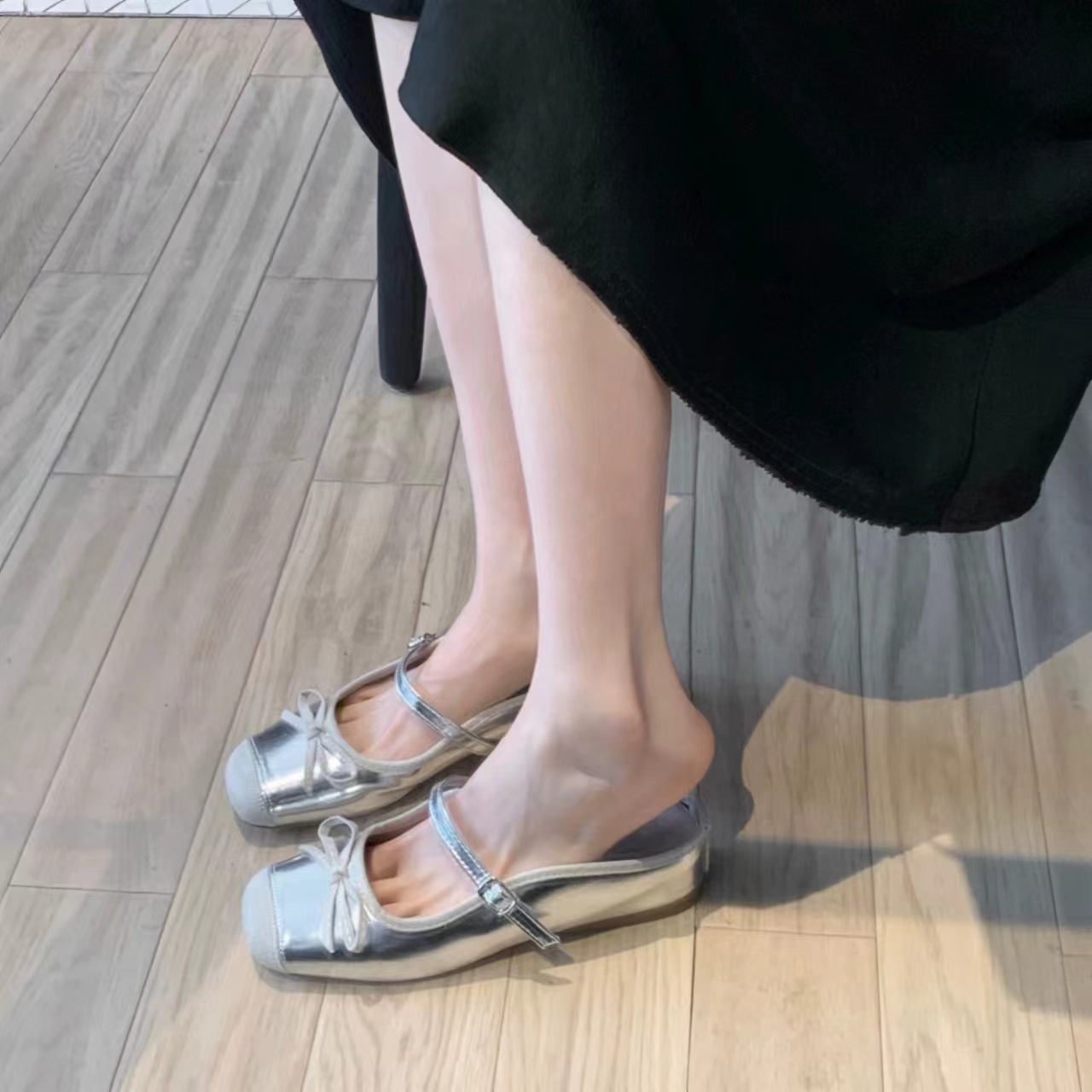 French Genuine Leather Half Slippers Women's Summer Outer Wear Flat Bottom Heightened Toe Mueller Sandals and Slippers Ballet Mary Jane Shoes