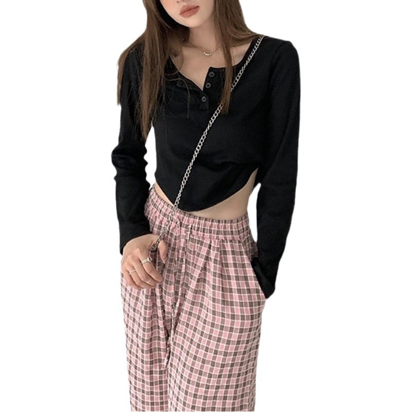 Ribbed Niche Design Long-Sleeved T-Shirt for Women in Spring & Fall, Slim Fit and Discreet Korean Style Bottoming Shirt, Short Student Top