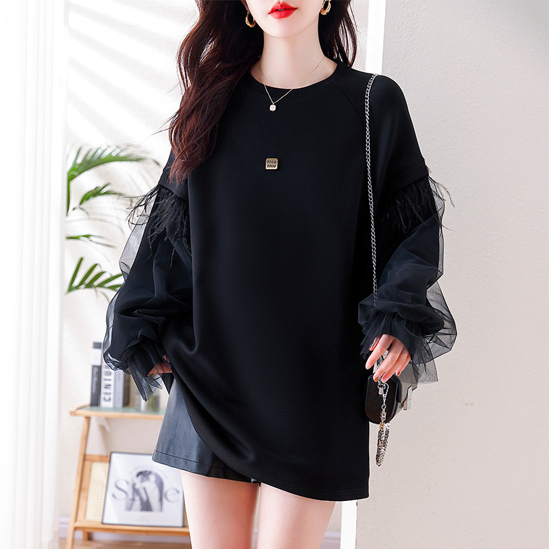 Picture of Real Shot of Casual Mesh Black Sweatshirt for Women, 2025 Autumn New European Style, Plus Size, Loose Long-Sleeve Top, Trendy