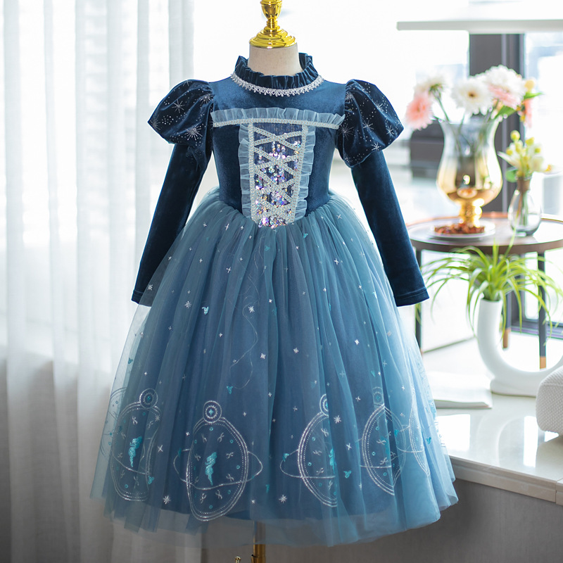 Picture of Blue Velvet Elsa Dress for Girls with Mesh Skirt and Star Details, Sweet Princess Style, Elegant Haute Couture Dress