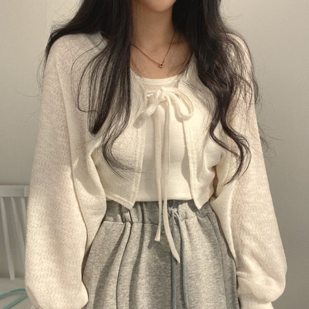 Designed Straps Lantern Sleeve Mesh Women's Ins Summer Fashion Niche Retro Versatile Short Thin Cardigan 1