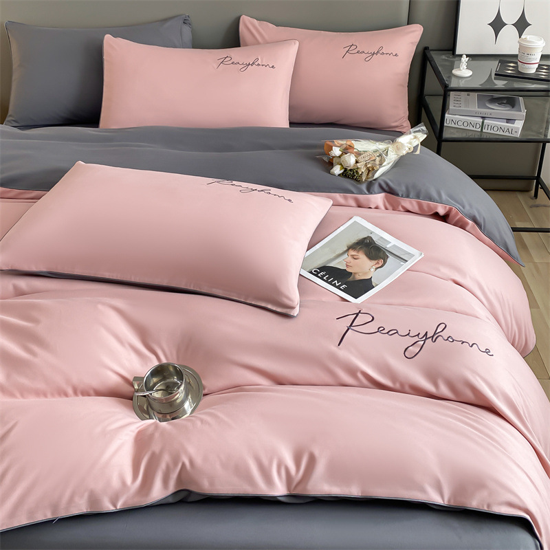 Picture of Solid color double four-piece set of style bed sheets home light luxury quilt cover washed cotton embroidered letter quilt cover three-piece set