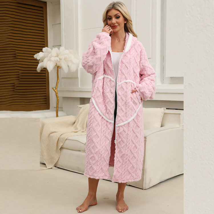 Winter Warm Velvet Cookie Twist Jacquard Plush Casual Hoodie Long Zipper Jacket Double-Sided Comfortable Cotton Home Clothes