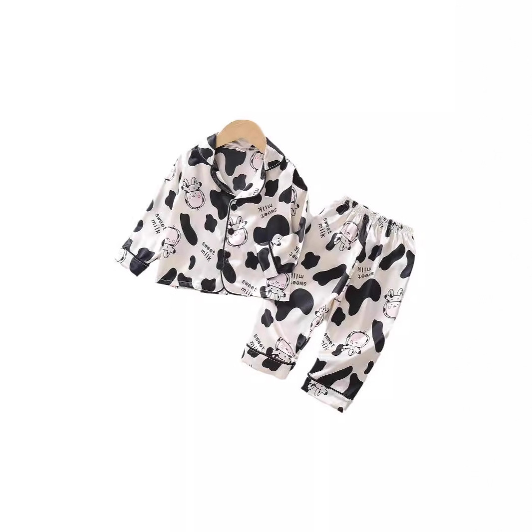 Picture of Aliexpress Girls Simulated Silk Pajamas 2024 New Children's Cute Home Clothes Cartoon Cow Thin Air Conditioning Clothes
