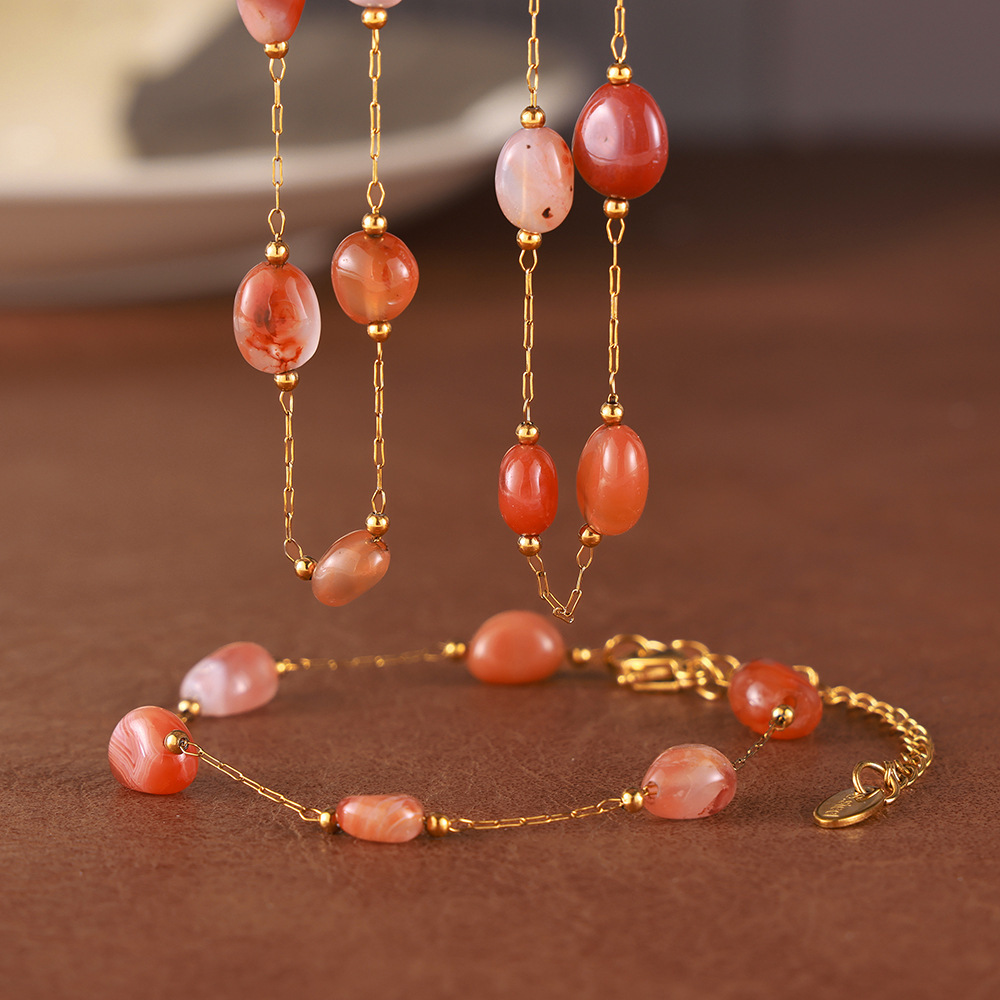 Ins French Style Geometric Oval Natural Original Stone Pendant Year New Women Light Luxury Design Necklace Bracelet suit Wholesale