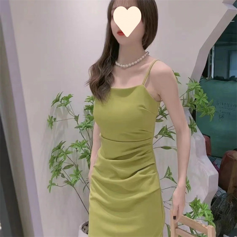 Sling dress 2025 Summer New Waisted Slimming Skirt Women's Meat Covering Elegant Sexy Solid Color Hip Dress