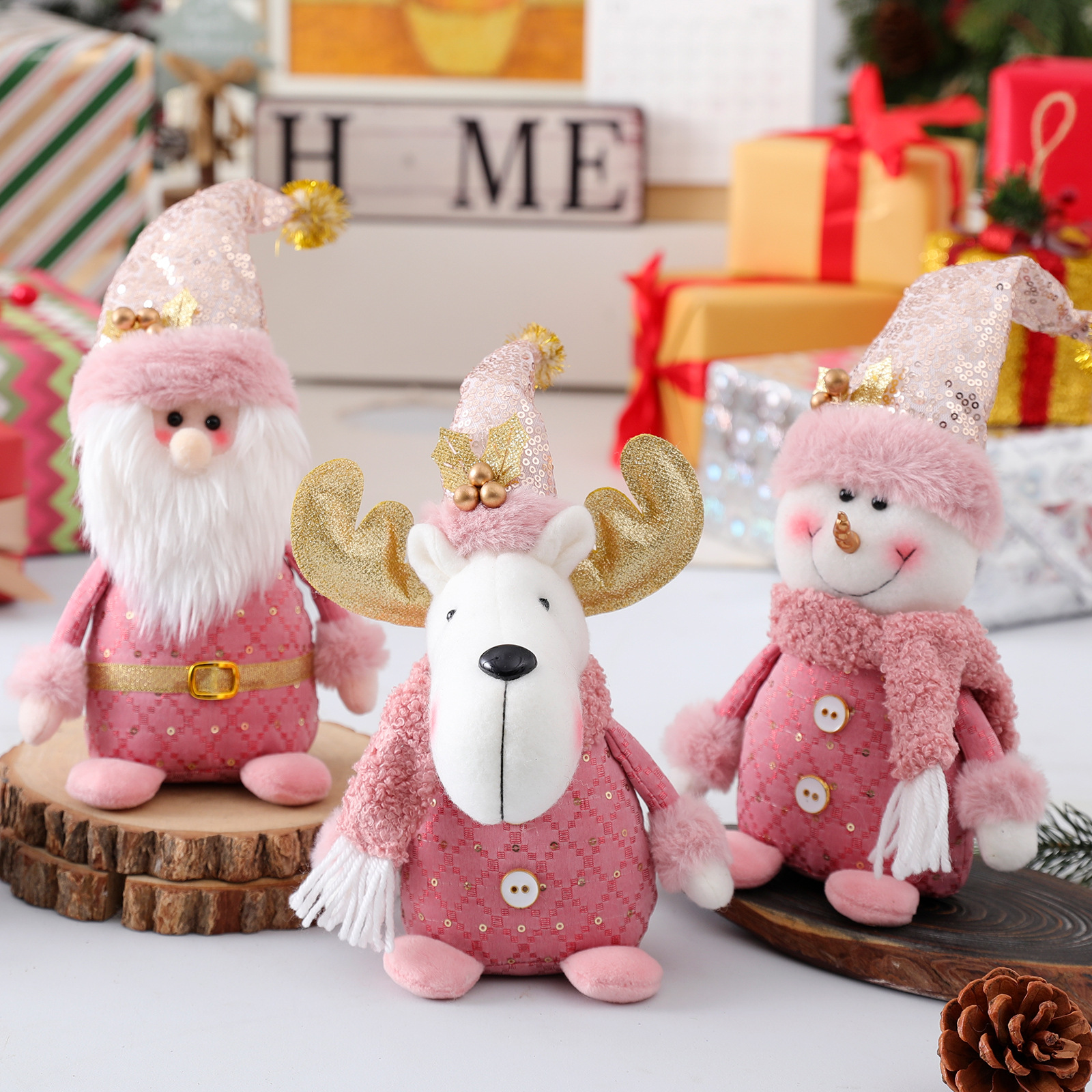 Cross-border new Christmas pink series elk snowman old man window props decoration decoration supplies Doll Doll
