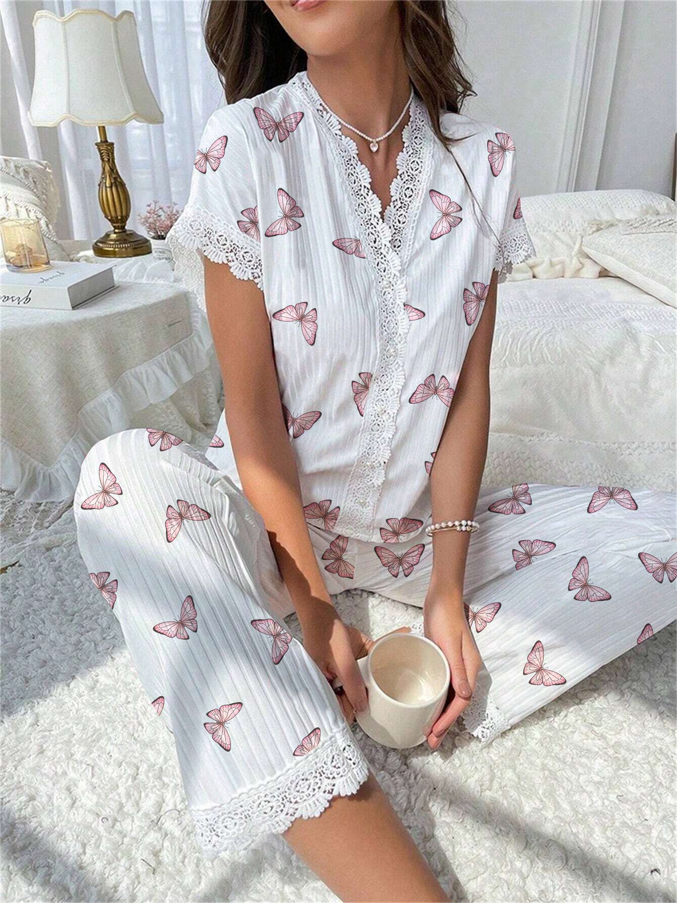 Picture of European and American Cross-Border Best-Selling Women's Home Clothes Cherry Print Water-Soluble Embroidered Edge Short-Sleeved Trousers Can Be Worn Outside Pajamas for Women
