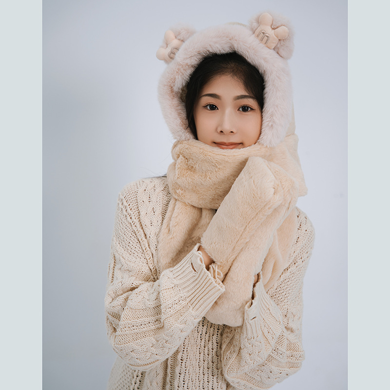 Picture of New Bear Hat Winter Hat Cute Warm Thickened Scarf Integrated Ear Protection Hat Three-Piece Set Cycling Cold Protection Hat