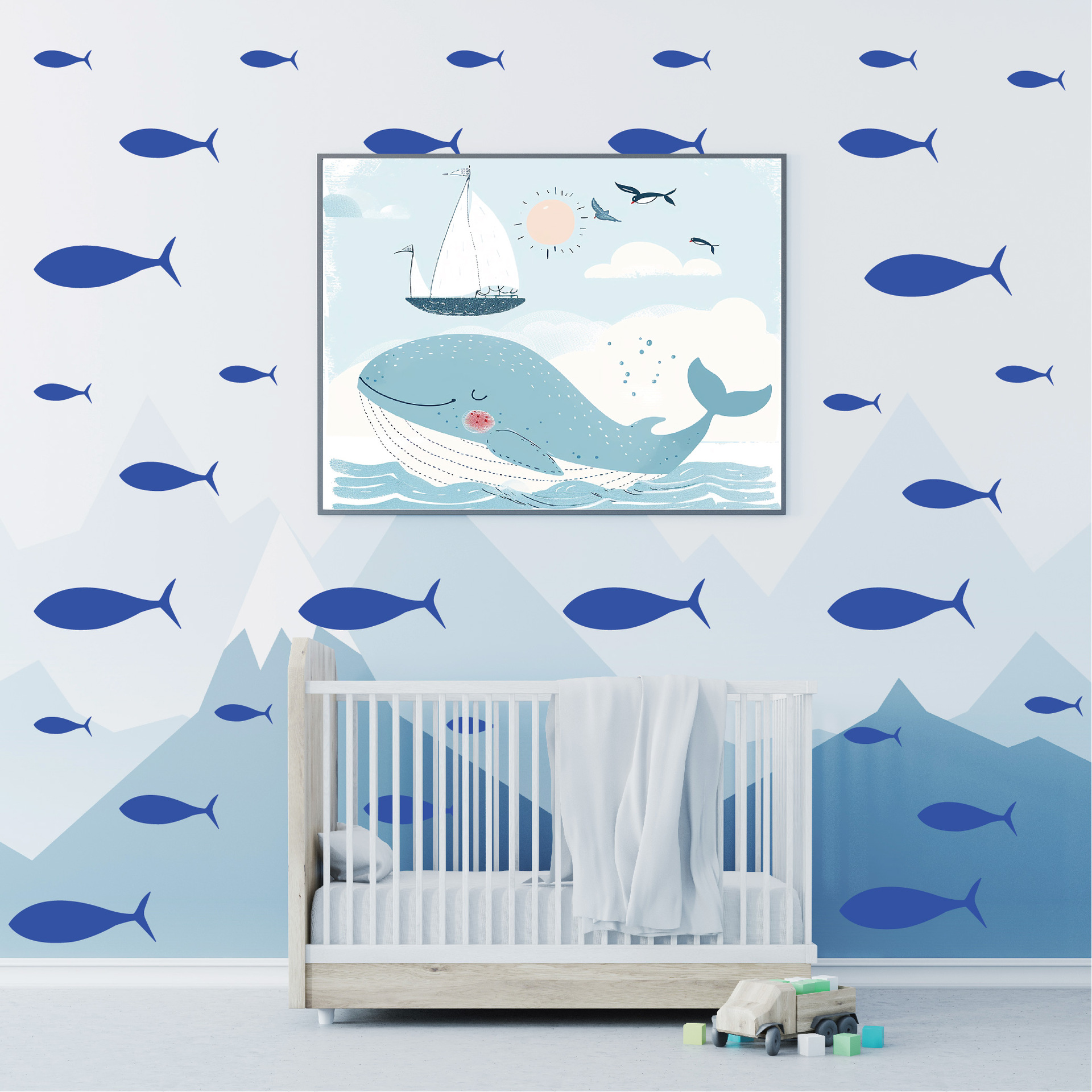Cross-Border Fish Wall Stickers Blue Cartoon Home Decoration Bedroom Nursery Ocean Theme Children's Room Decorative Wall Stickers