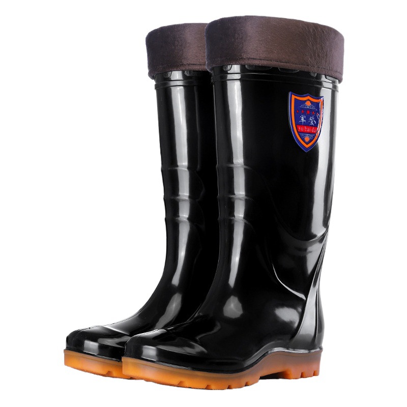 Adult PVC tall outdoor water shoes men's thickened waterproof non-slip wear-resistant construction site men's fleece-lined rain boots