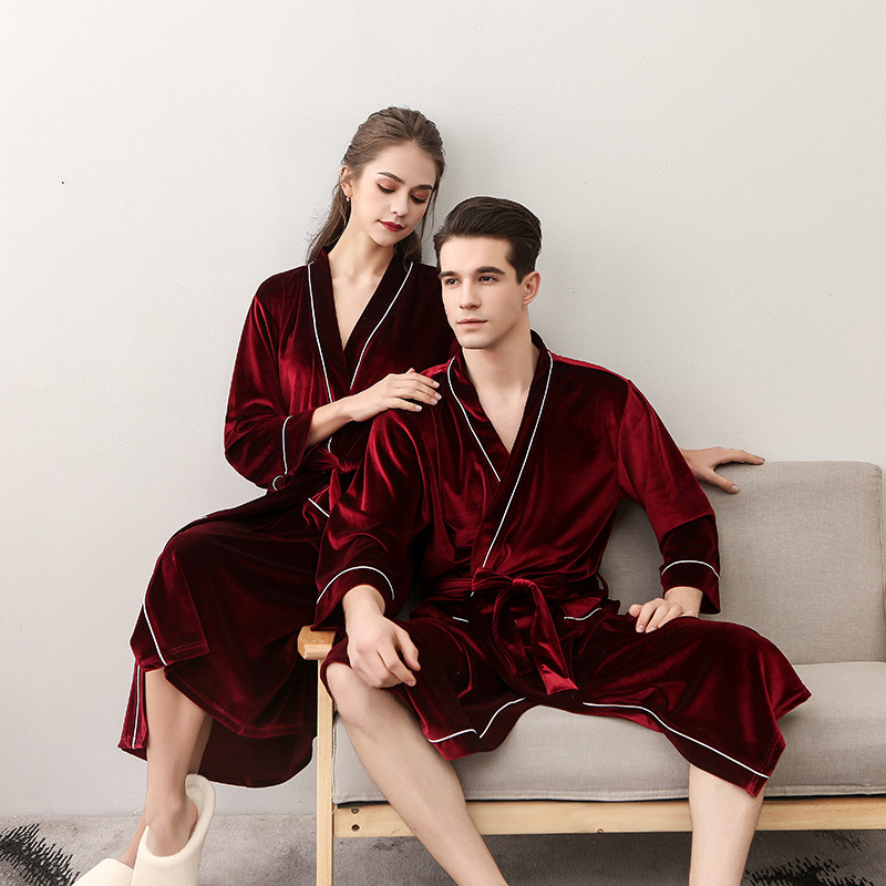 Summer Sexy Nightgown Women's Long Golden Velvet Cardigan Couple's Bathrobe Men's Court V-neck Pajamas Korean Style Spring and Autumn
