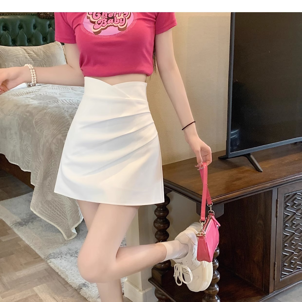2320 Girl's Summer Suit Skirt Pleated High Waist Slimming New Arrival Korean Style All-Match A- Line Short Skirt