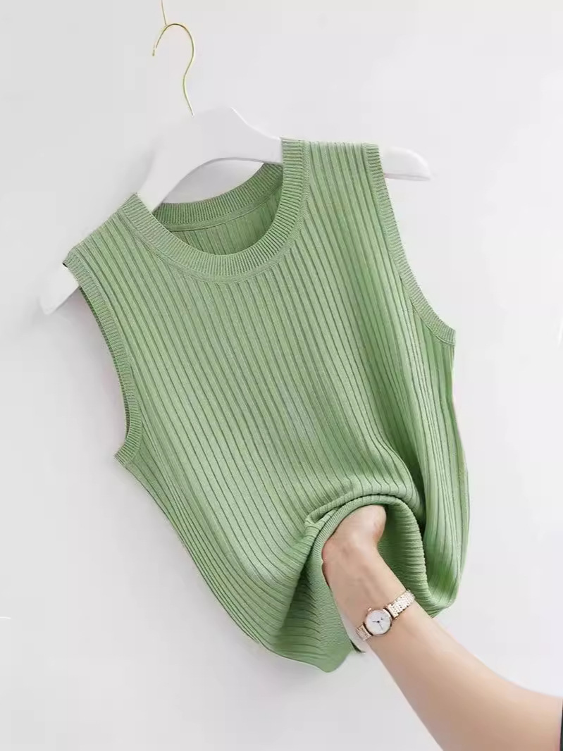 New Style Vest Women's Outer Wear Inner Slim-fit Solid Color Threaded Round Neck Sleeveless Top Slimming All-match plus size Thin Base