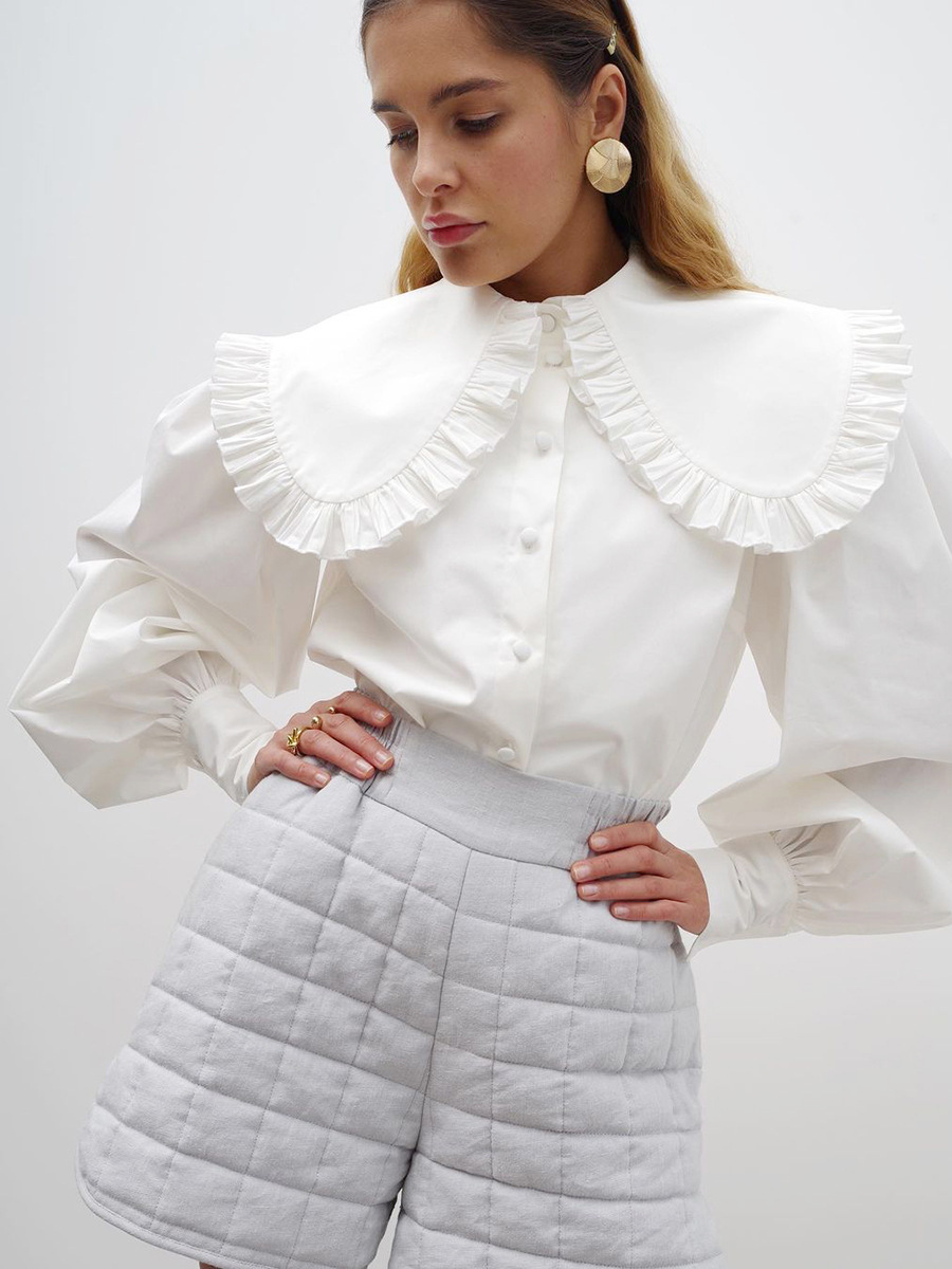 Picture of European and American Fashionable Sweet White Doll Collar Shirt 2024 Design Loose Women's Pure Cotton Cardigan Long-Sleeved Top