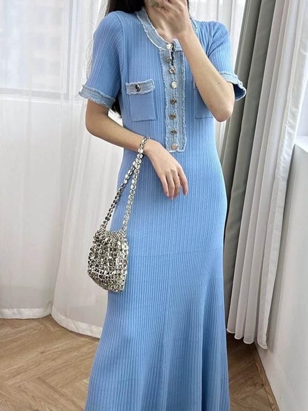 Foreign Trade Brand European and American Popular Robes Knitted Dress Women's Elegant V Neck Waist Denim Pit Strip Long Skirt