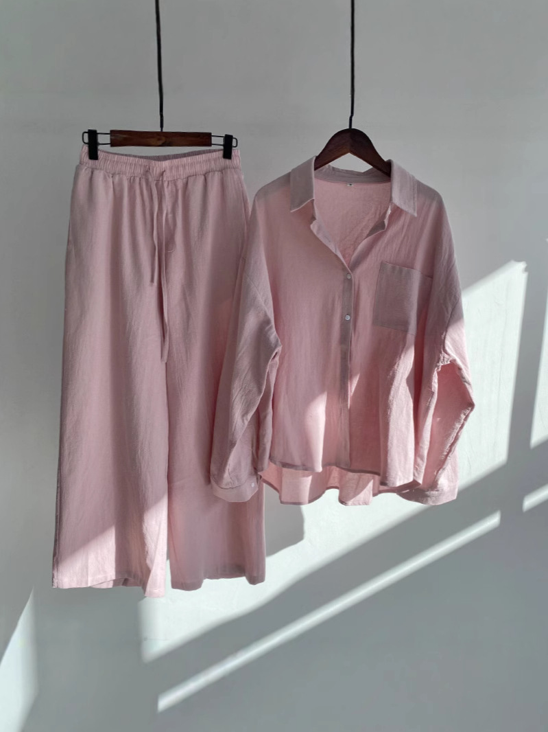 Picture of AliExpress Spring Cross-border plus size Women's Shirt suit Retro Loose High Waist Wide-leg Cropped Pants Two-piece Set for Women
