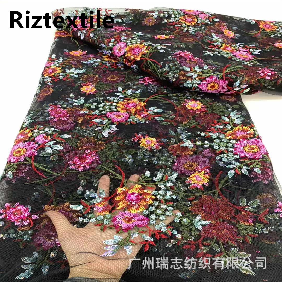 New 3 PCT Color Plant Floral Sequin Embroidered Fabric Ethnic Style Cheongsam dress Fashion Lace Fabric