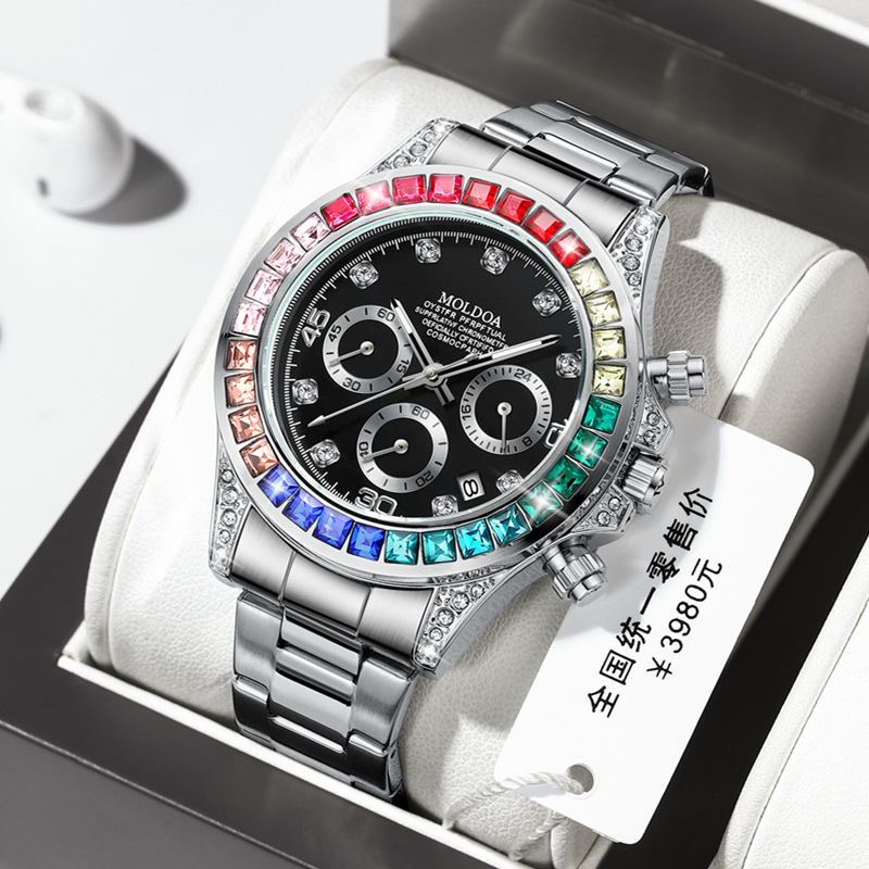 Foreign trade with rainbow di steel band watch 3 pin calendar men's quartz watch gift fashion watch in stock hot sale