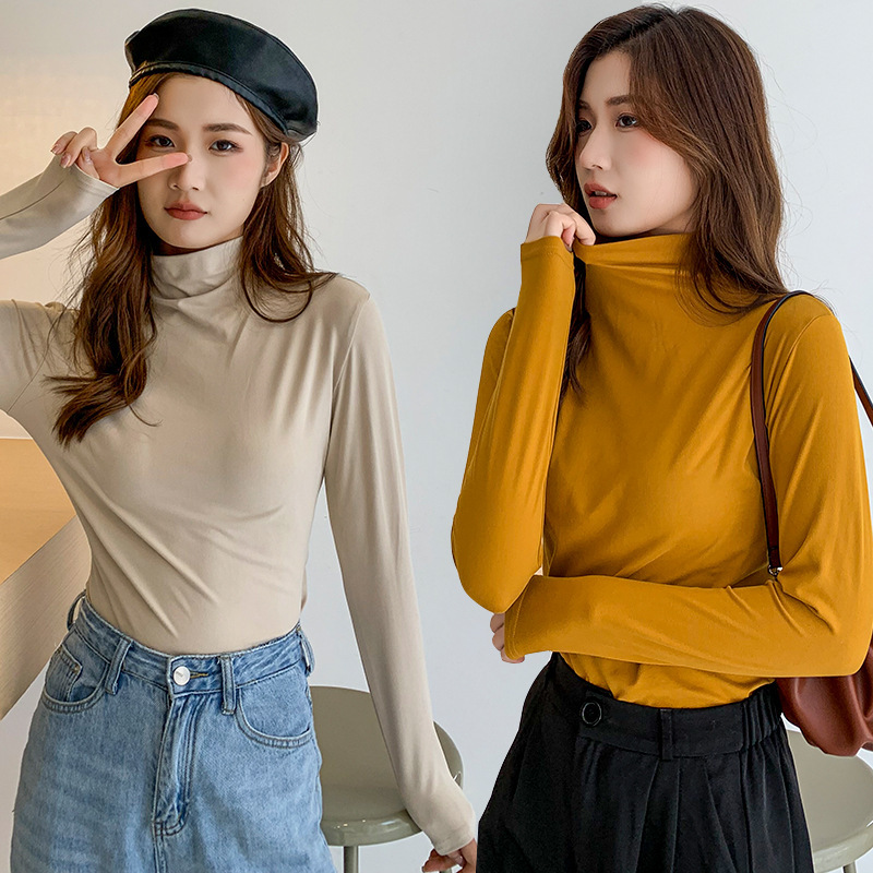 Picture of Milk Silk Bottoming Shirt Women's Long-Sleeved T-Shirt Half Turtleneck Spring, Autumn and Winter 2025 New Black Inner Style Tight Top