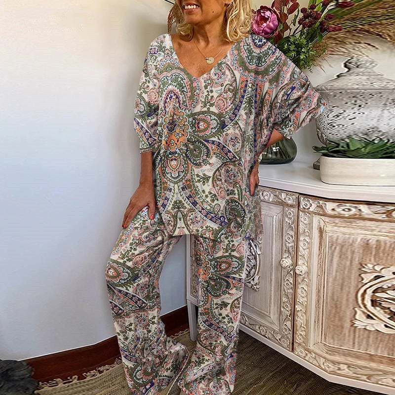 Picture of Floral V-neck Top Elastic Waist Loose Casual Pants Women's Spring suit Elegant Long Sleeve Bohemian Clothing