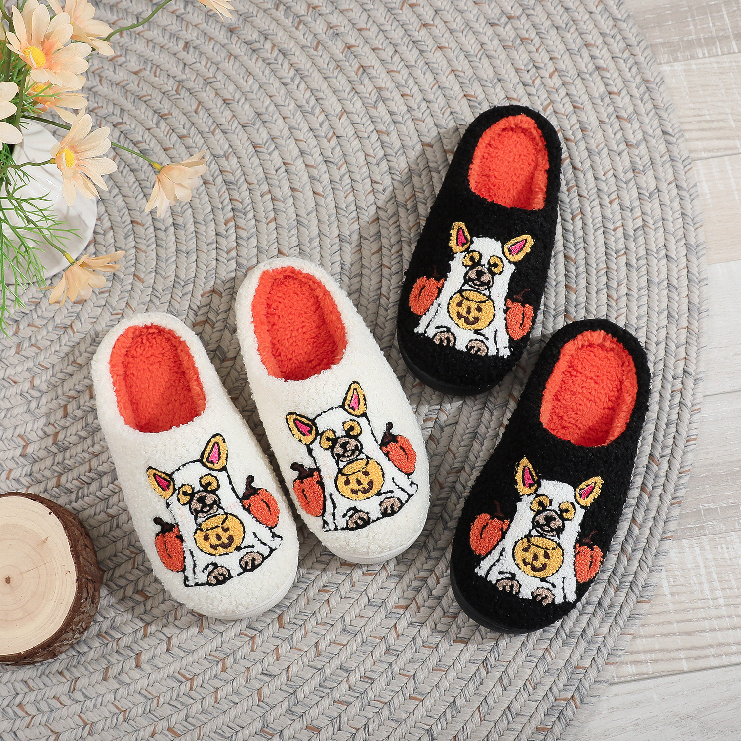 Ins Popular Halloween Pumpkin Pet Dog Cotton Slippers Female Cartoon Warm Fur Slippers Male Spookyseason