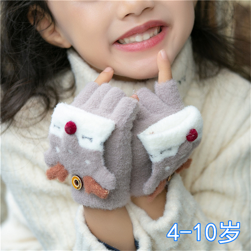4-10 Years Old Children's Gloves Flip Half Fingers for Boys and Girls Baby Winter Warm Finger Cartoon Christmas Fawn