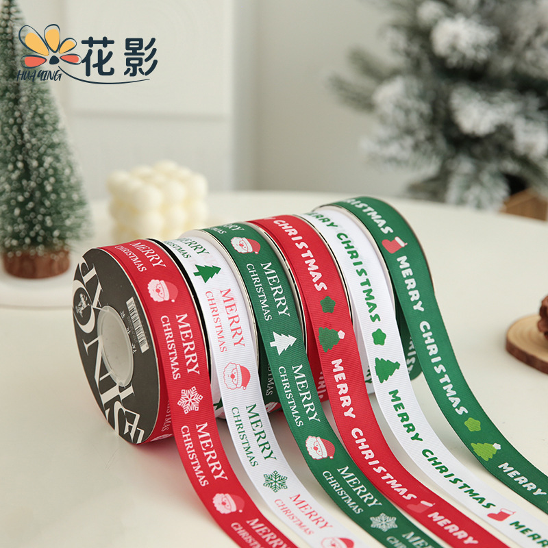 Huaying 2.5cm Christmas Decoration Ribbon Bow Printed Ribbon Christmas Tree Tape Floral Packaging Wholesale