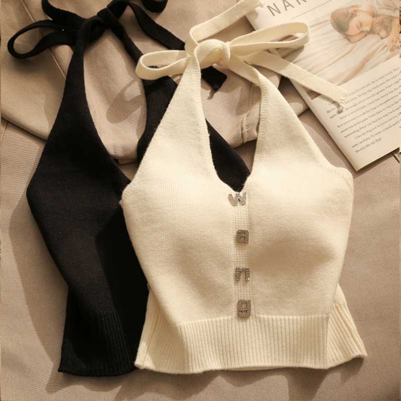 Hot Girl Hanging Halter Top Women's Summer Inner Wear Outer Wear Beautiful Back Slim-fit Design Sense Shoulder Short Knitted Vest