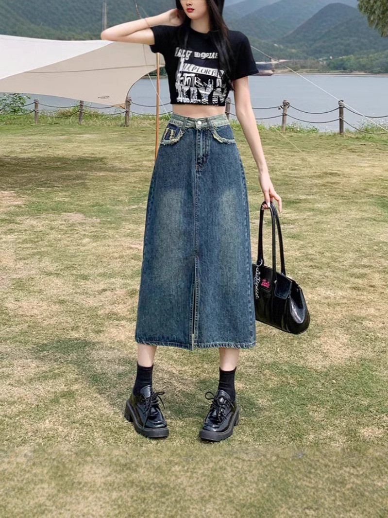 Stitching Contrast Color Fur Edge Split Denim Skirt Women's Autumn and Winter New High Waist Loose Slimming Straight Skirt