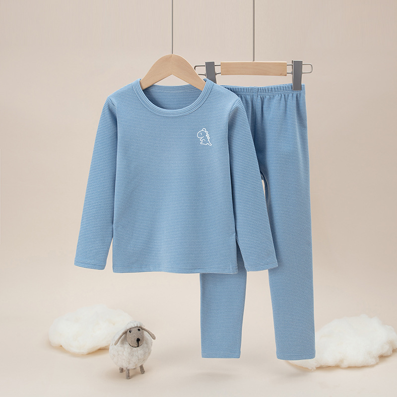 Picture of Children's double-sided brushed plush Long Johns boys and girls winter thermal underwear suit mid-collar bottoming striped pajamas